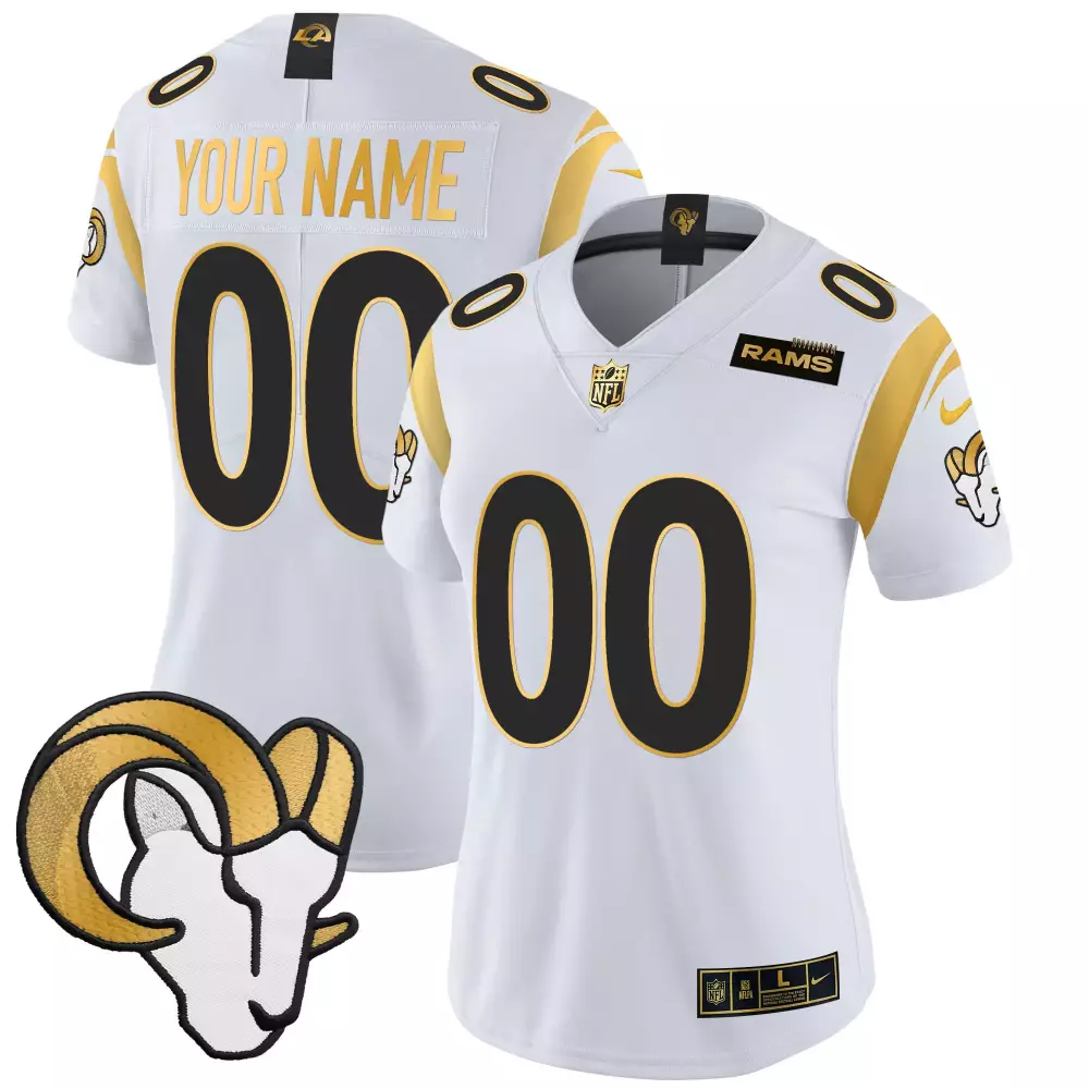 Custom Rams Jersey White Ram Head Women Gold Black Vapor Limited All Stitched