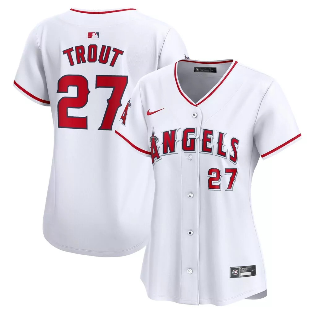 Mike Trout 27 Angels Jersey White Women Red Home Limited