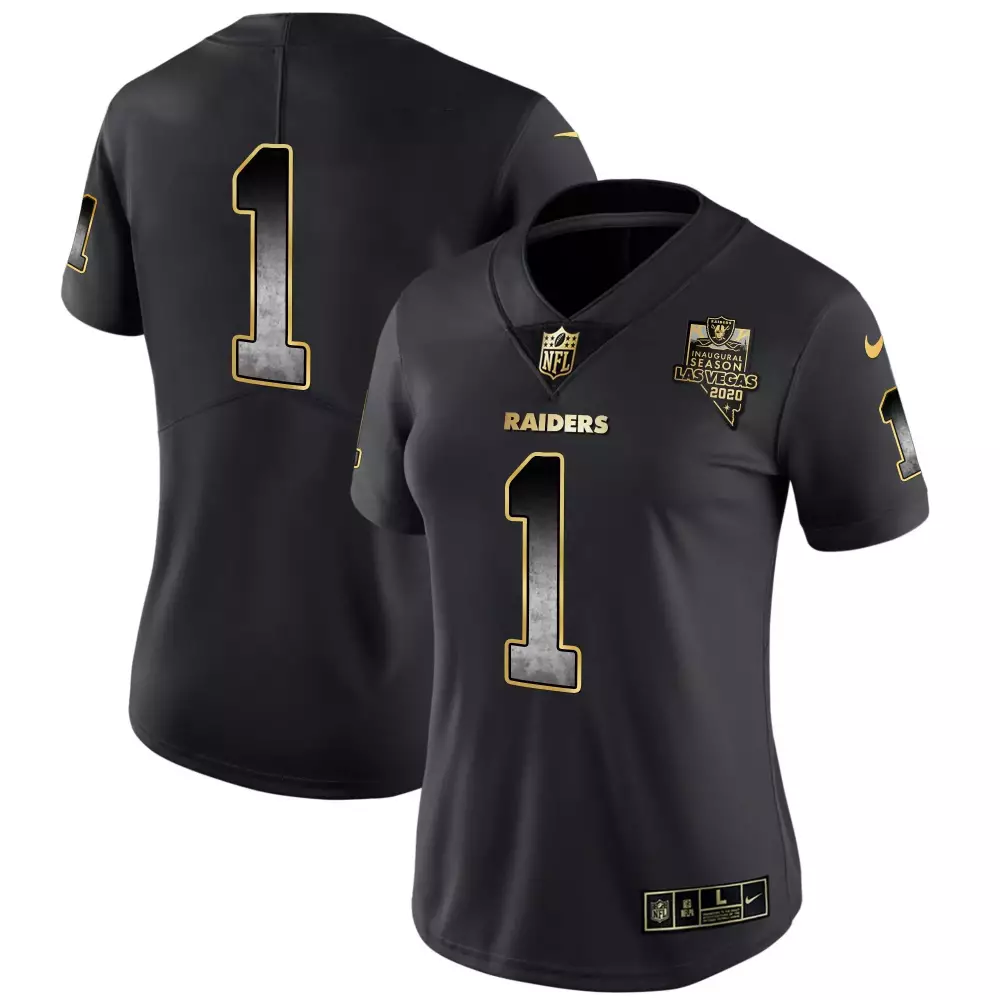 Custom Las Vegas Raiders 1 Jersey Black Inaugural Season 2020 Women Team Gold Vapor