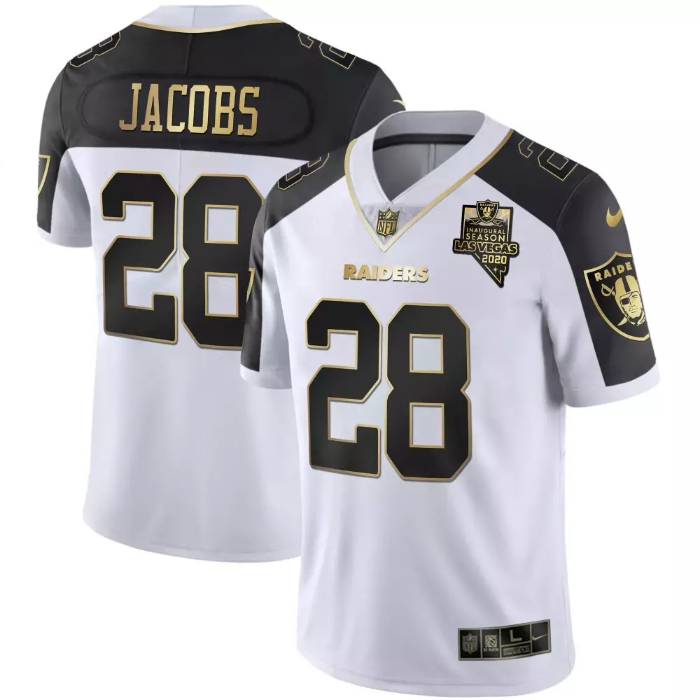 Josh Jacobs 28 Raiders Jersey White Inaugural Season Men Split Design Black Gold