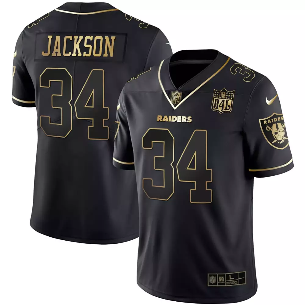 Bo Jackson 34 Raiders Jersey Black Men Game Gold All Stitched