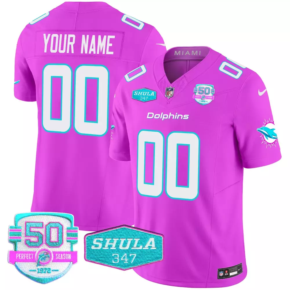 Custom Miami Dolphins Jersey Pink 50th Season 50 Perfect 1972 Shula 347 Men Alternate