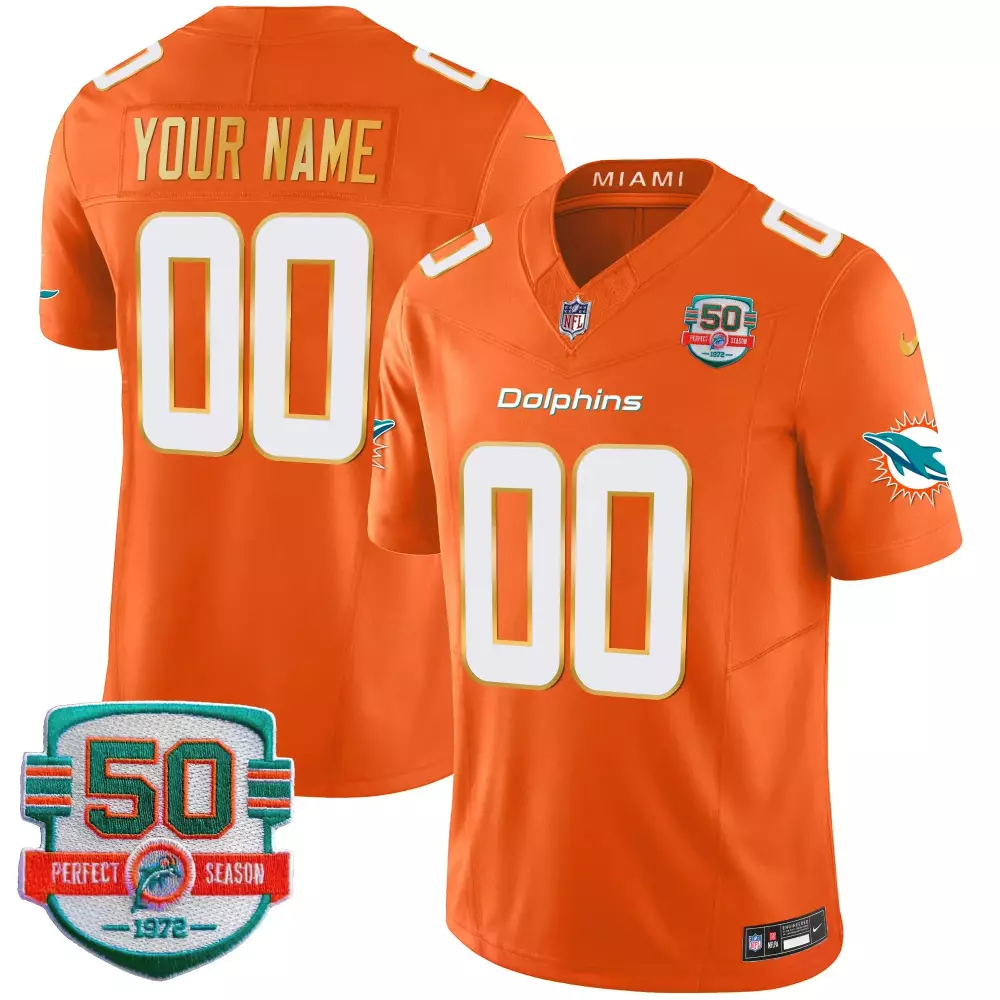 Custom Miami Dolphins Jersey Orange 50th Perfect Season 1972 White Aqua All Stitched