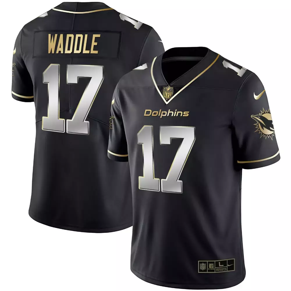 Jaylen Waddle 17 Dolphins Jersey Black Men Standard Silver Gold Limited All Stitched