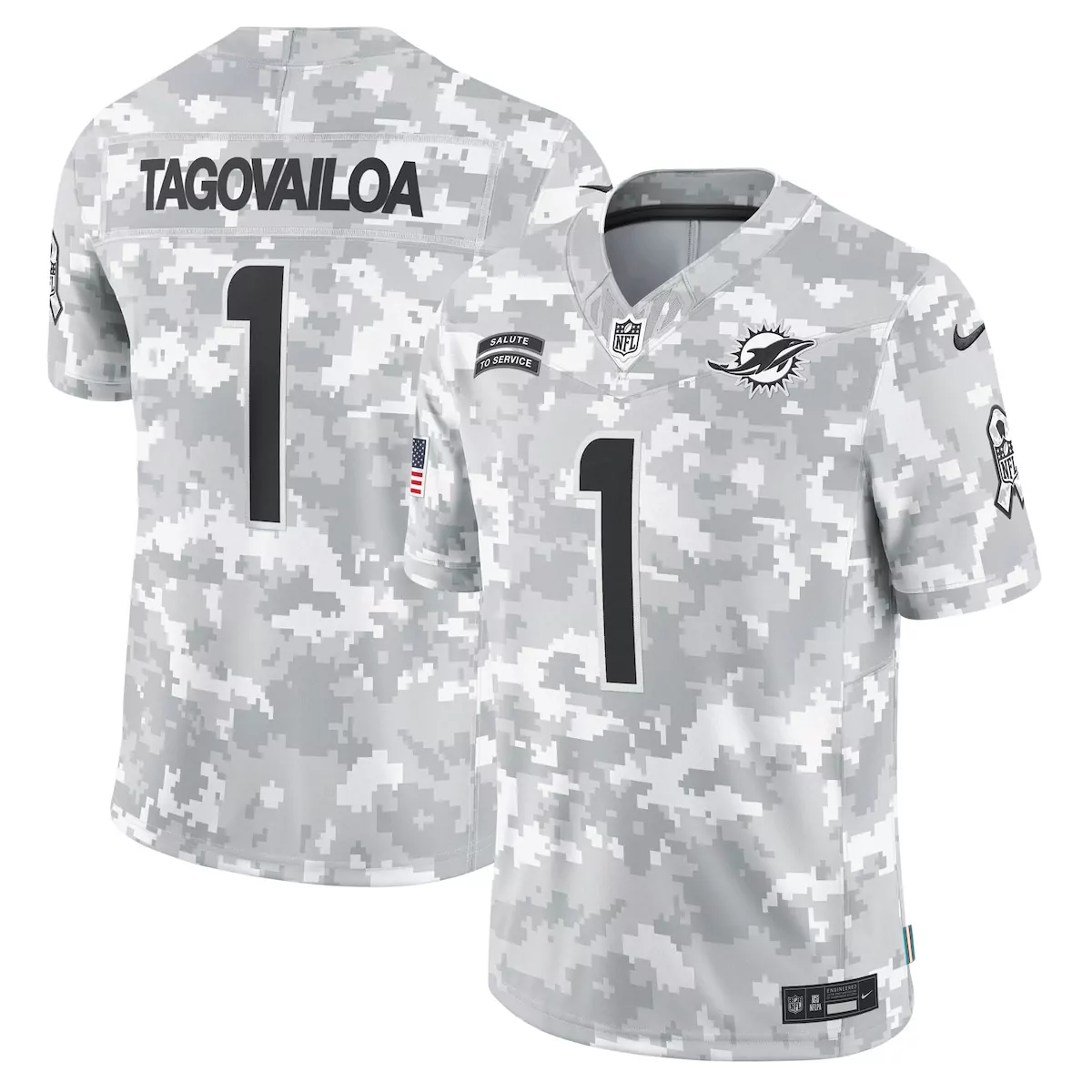 Tua Tagovailoa 1 Miami Dolphins Jersey Grey Camo Salute To Service American Flag