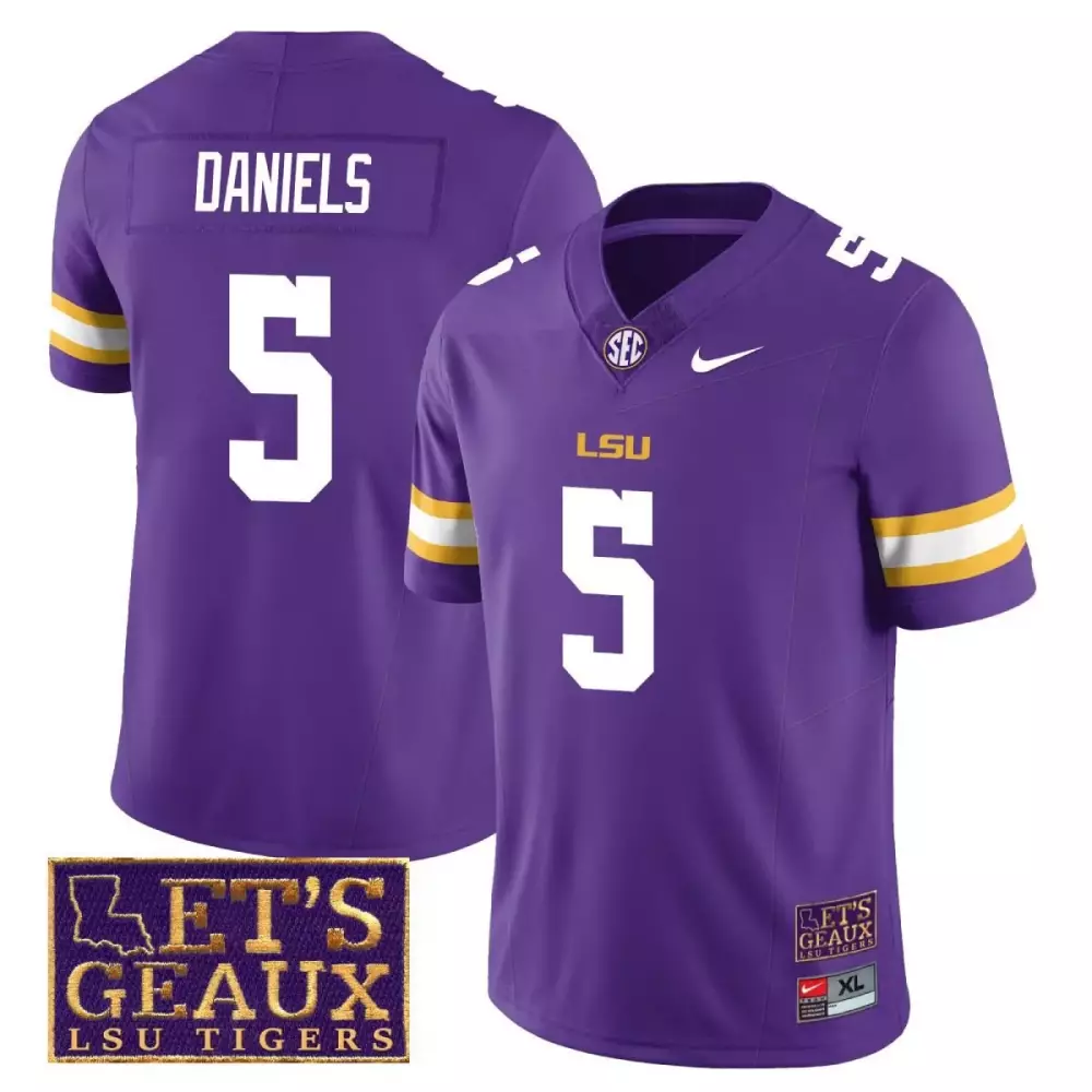 Jayden Daniels 5 Lsu Tigers Jersey Purple Let's Geaux Men White Gold All Stitched