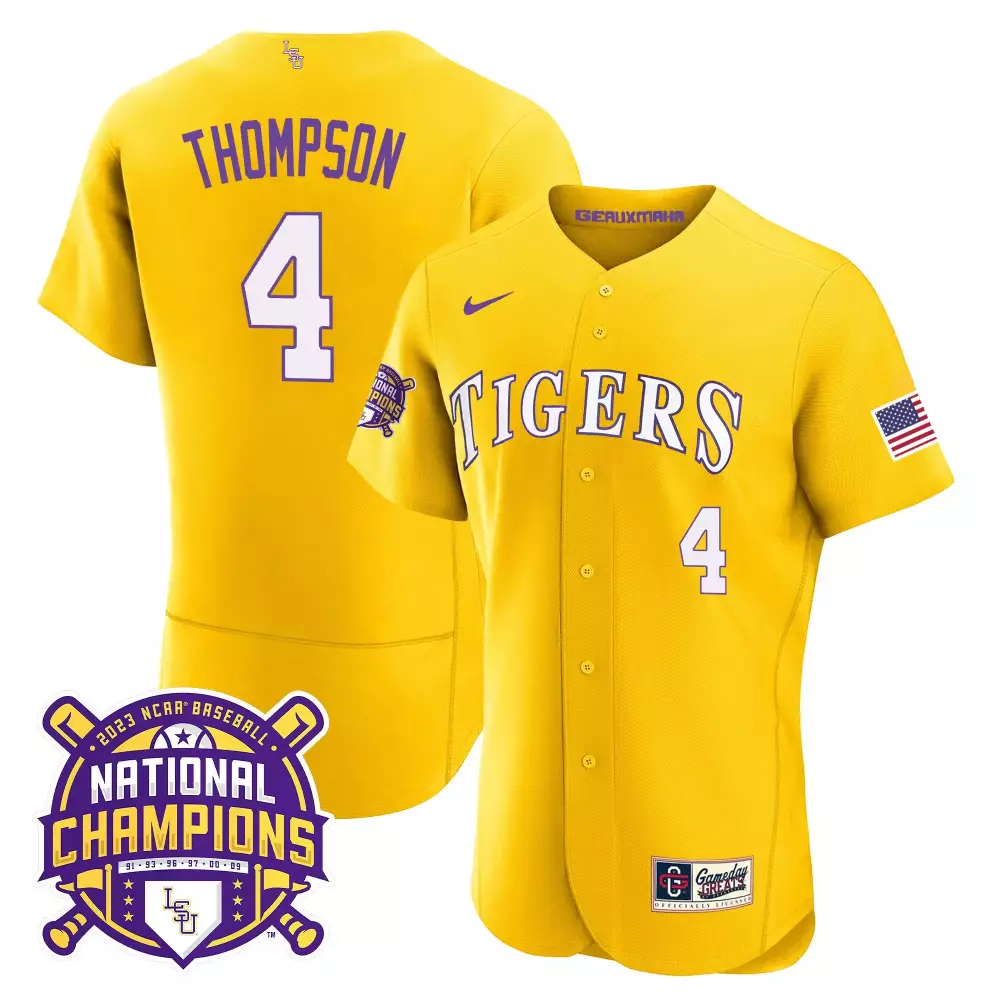 Thompson 4 Tigers Jersey Yellow 2023 Baseball National Champions Men Purple White