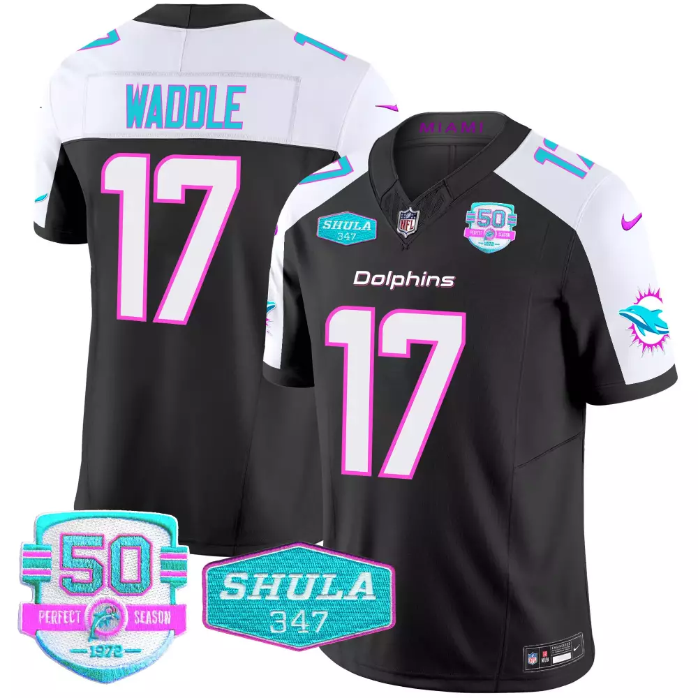 Jaylen Waddle 17 Dolphins Jersey Black Perfect Season 50th Anniversary Shula 347 1972