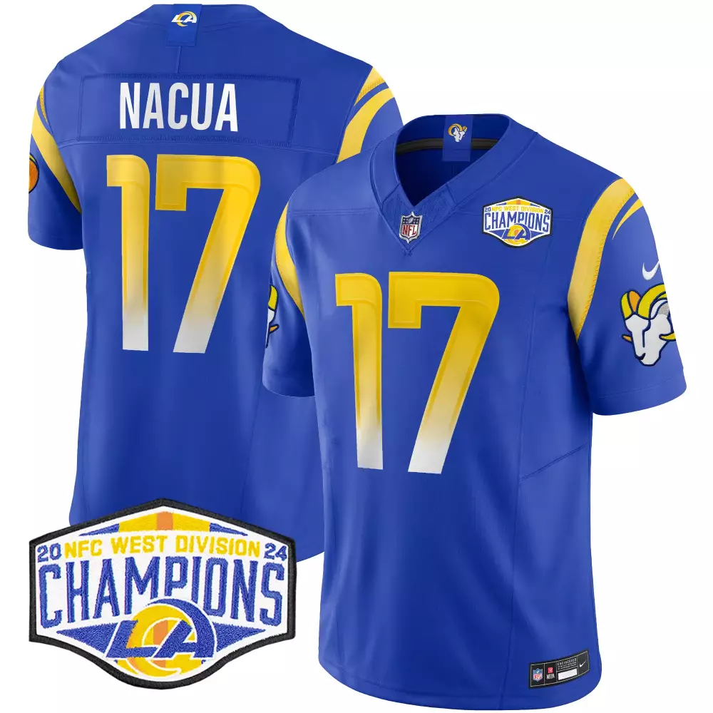 Puka Nacua 17 Los Angeles Rams Jersey Royal Blue 2023 AFC West Division Champions 2024