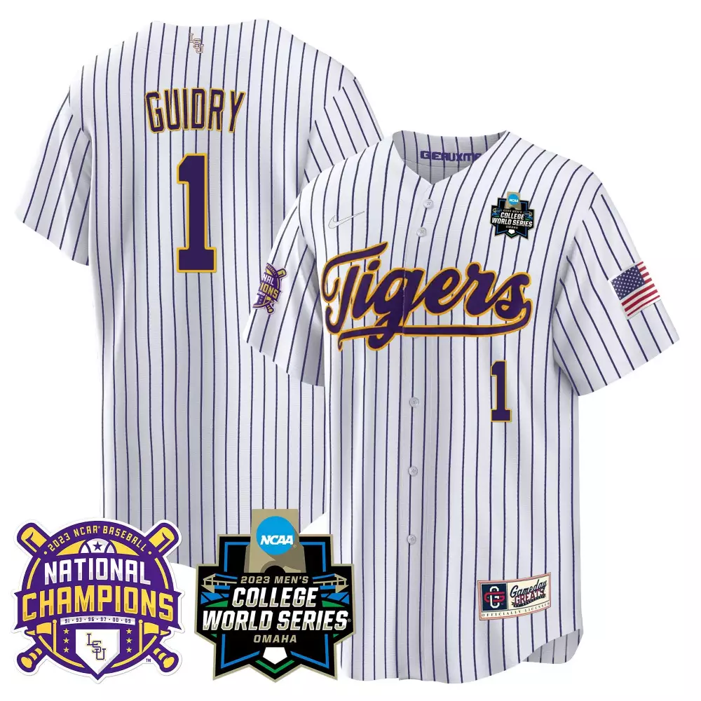 Weylin Guidry 1 Lsu Tigers Jersey White 2023 College World Series Baseball National Champions Us Flag