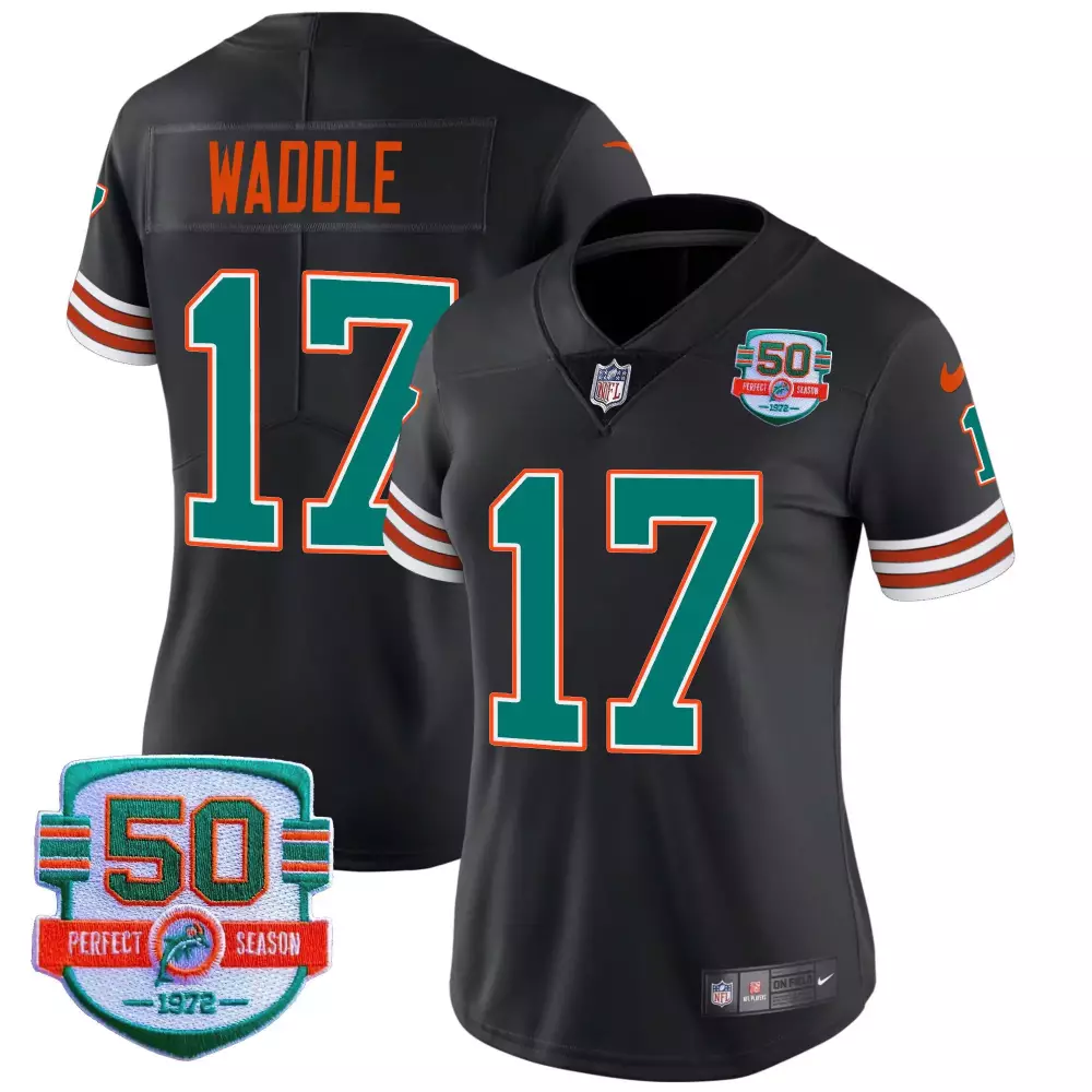 Jaylen Waddle 17 Miami Dolphins Jersey Black 50th Anniversary Perfect Season Men