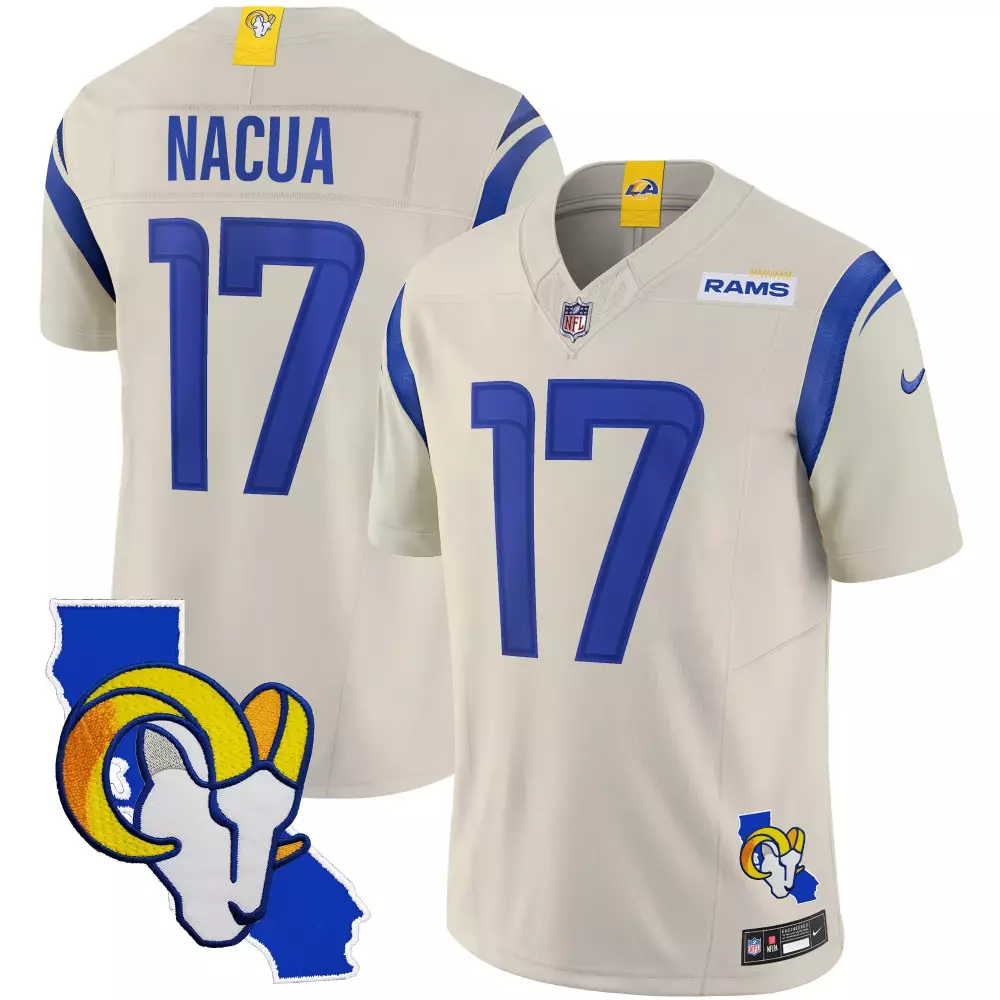 Puka Nacua 17 Rams Jersey White City Connect California 2023 Men NFL Blue Yellow