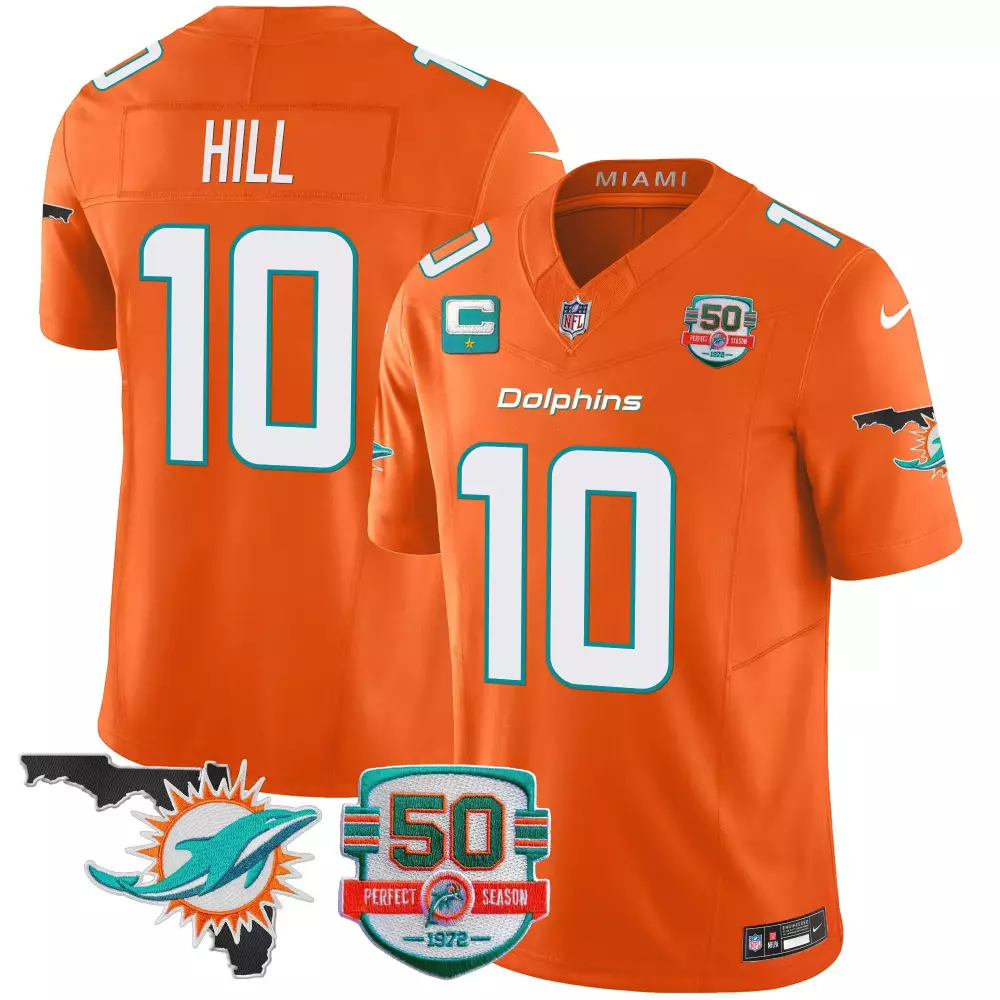 Tyreek Hill 10 Miami Dolphins Jersey Orange 50th Anniversary 50 Perfect Season 1972 2022