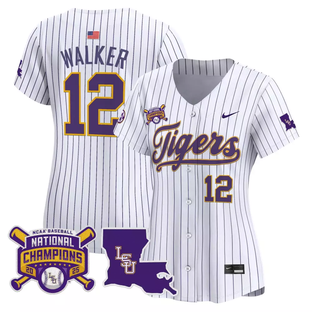 Walker 12 Lsu Tigers Jersey White National Champions Baseball 2025 Men Purple Vapor