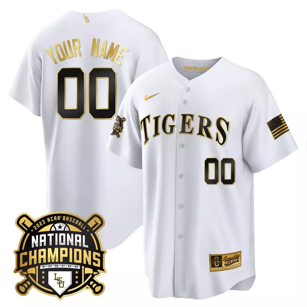 Custom Tigers Jersey White 2023 National Champions Baseball American Flag Men Black