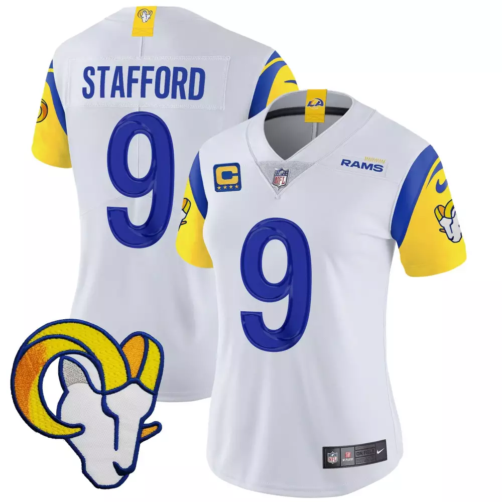 Matthew Stafford 9 Rams Jersey White Captain's LA Women Standard Blue Yellow Vapor