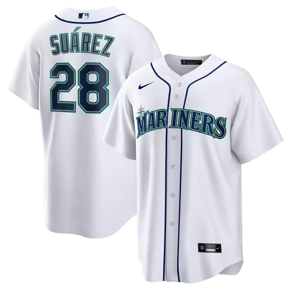 Eugenio Suarez 28 Mariners Jersey White Men Navy Teal Cool Base All Stitched