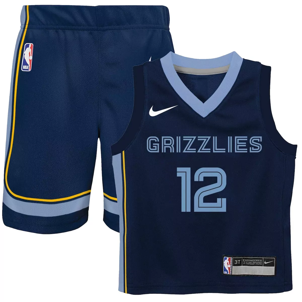 Ja Morant 12 Memphis Grizzlies Jersey Navy Blue Kids And Shorts Set Light Yellow