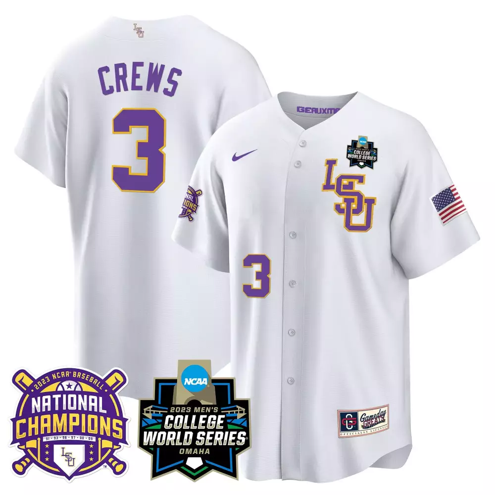 Dylan Crews 3 Lsu Jersey White 2023 College World Series Baseball National Champions