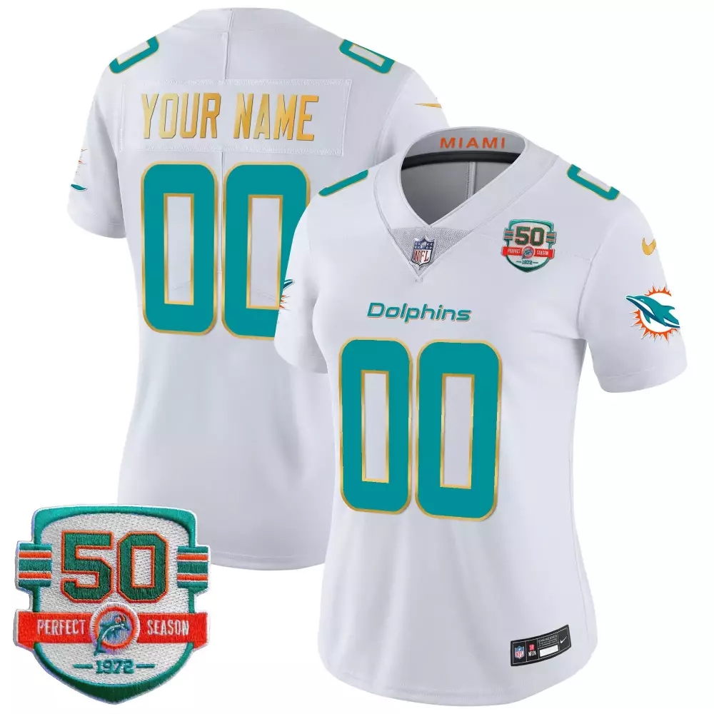 Custom Miami Dolphins Jersey White 50th Perfect Season 1972 Women Aqua Orange Gold