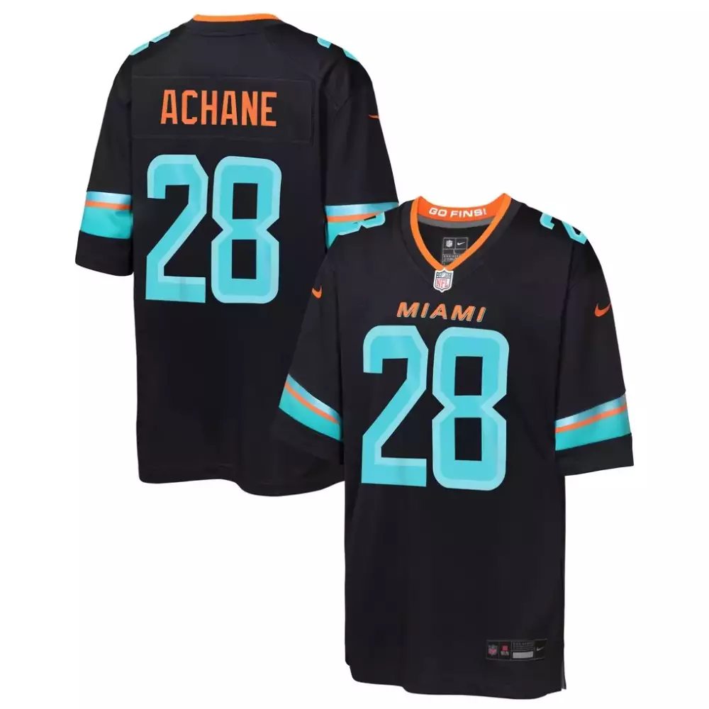 De'von Achane 28 Miami Dolphins Jersey Black Men Replica Alternate Aqua Orange Collection