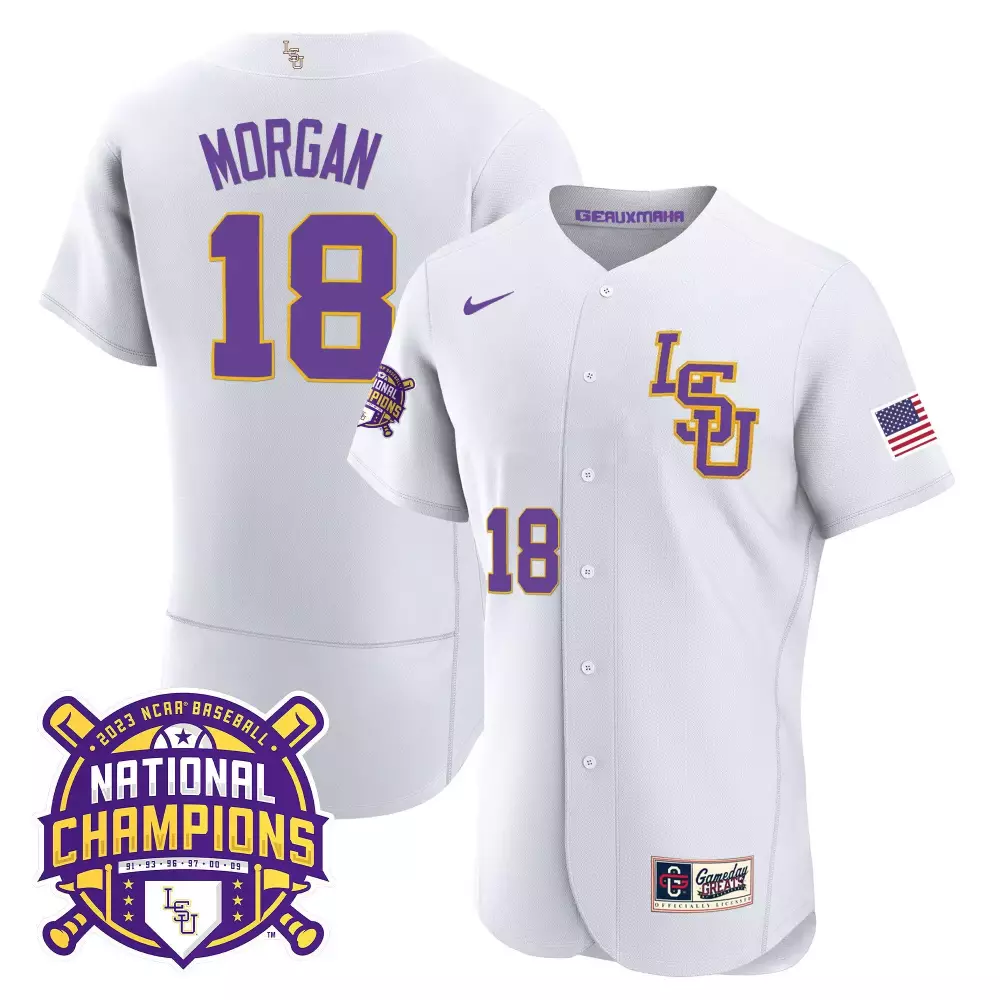 Tre Morgan 18 Lsu Jersey White 2023 Baseball National Champions Men Purple Gold Flex