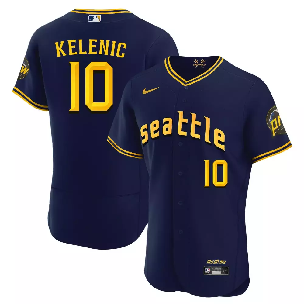 Jarred Kelenic 10 Jersey Navy Blue Seattle Mariners Men Yellow Flex Collection All