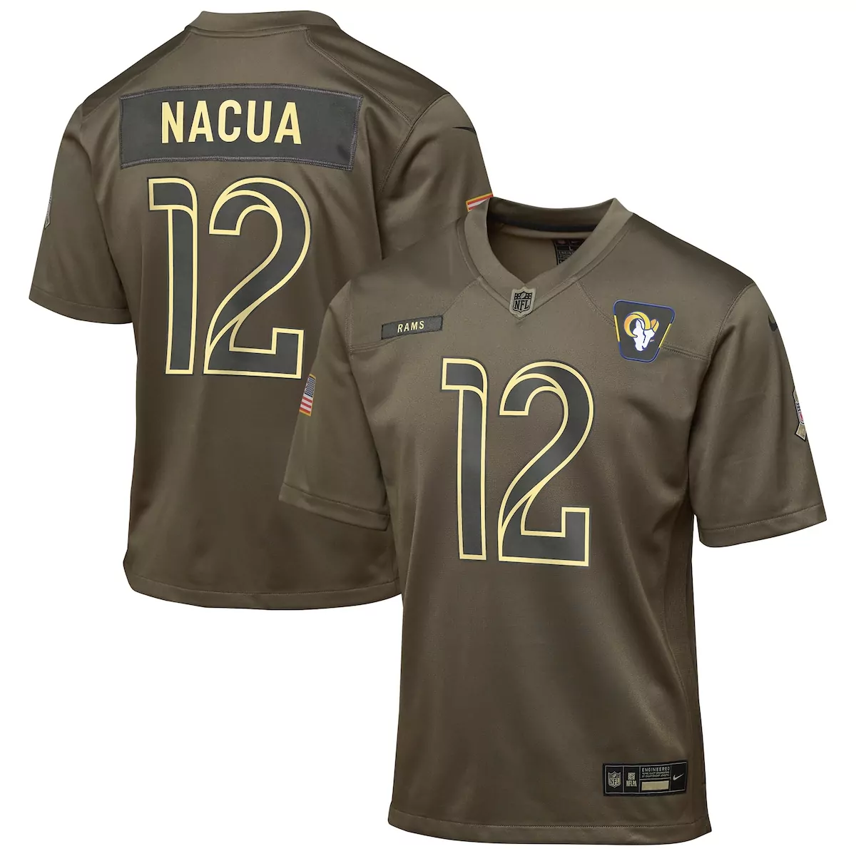 Puka Nacua 12 Rams Jersey Olive Green Salute To Service Los Angeles American Flag