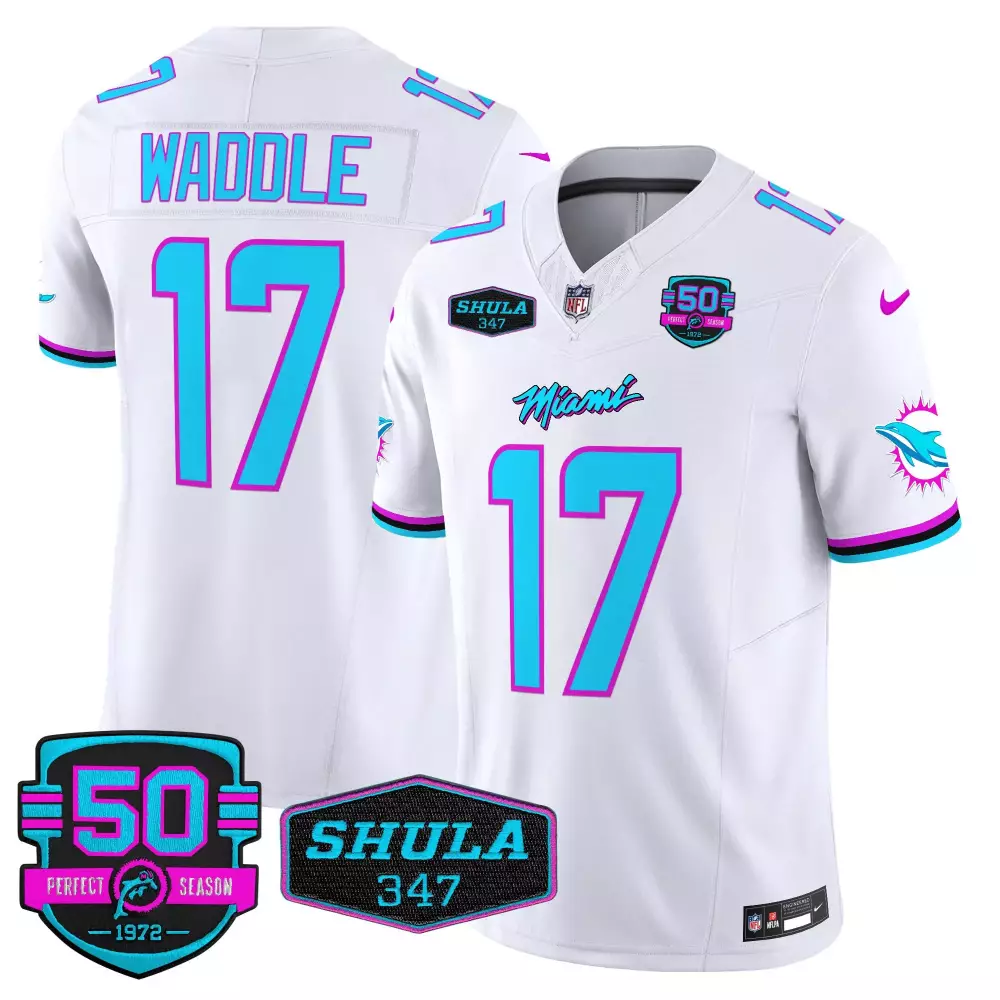Jaylen Waddle 17 Miami Dolphins Jersey White 50th Anniversary Perfect Season 1972 Shula 347