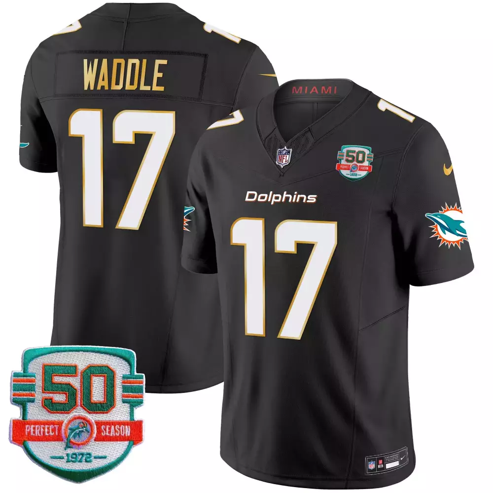 Jaylen Waddle 17 Dolphins Jersey Black 50 Perfect Season 1972 Men White Gold Vapor