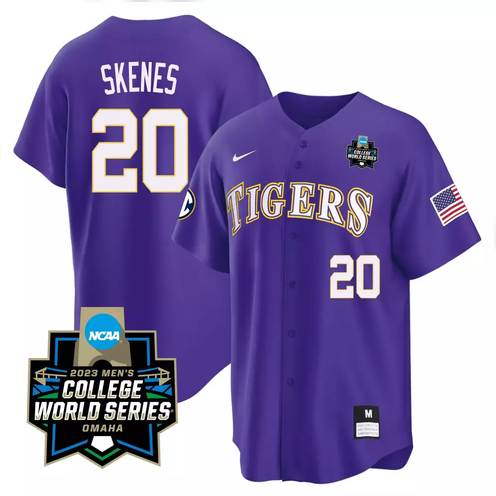 Skenes College 20 Tigers Jersey Purple 2023 World Series American Flag Men Gold Stitched