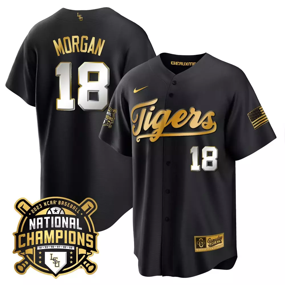 Tre Morgan 18 Tigers Jersey Black National Champions 2023 Baseball Geaux Men Gold