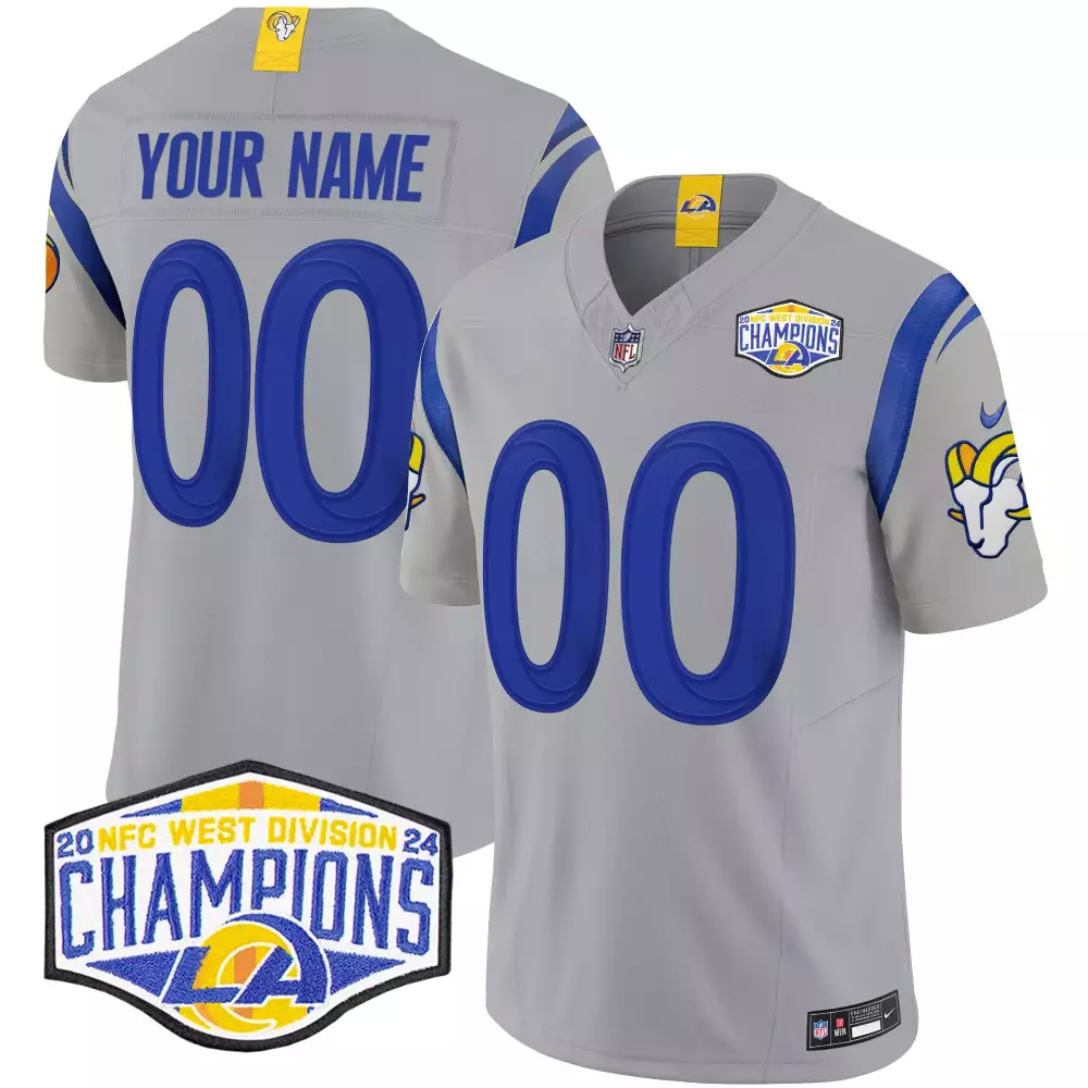 Custom Los Angeles Rams Jersey Gray 2024 NFC West Division Champions Men Blue Yellow