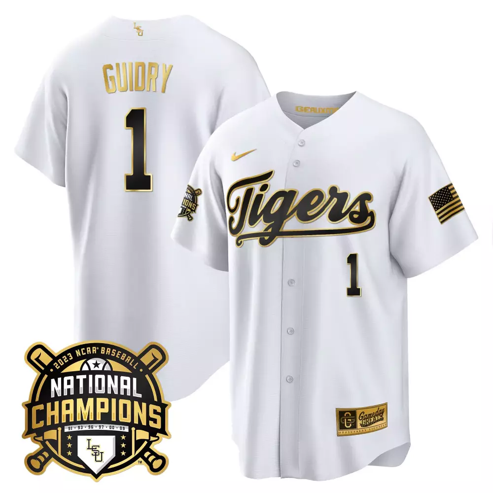 Weylin Guidry 1 Tigers Jersey White 2023 National Champions Baseball American Flag