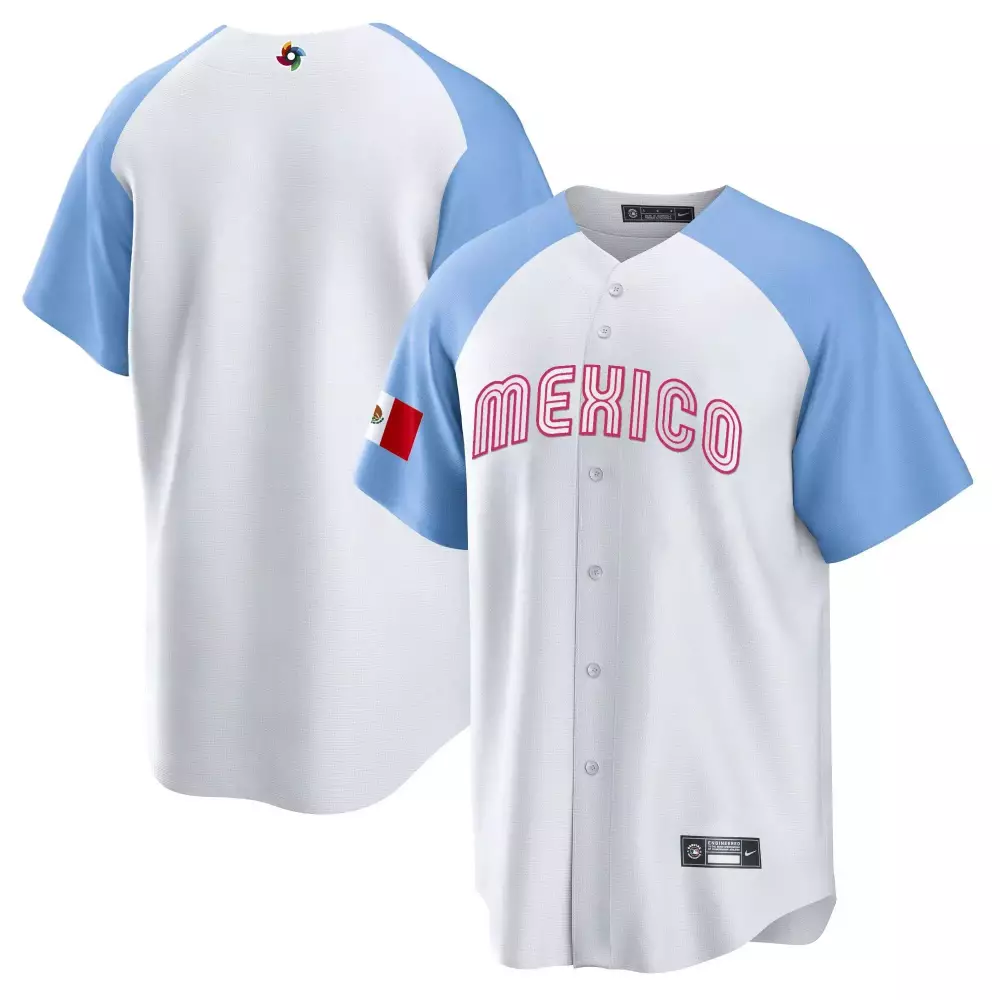 Custom Mexico Jersey White Flag Light Blue Pink Cool Base All Stitched