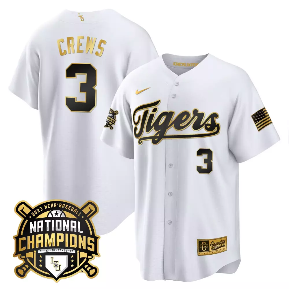 Dylan Crews 3 Lsu Tigers Jersey White 2023 National Champions Baseball American Flag