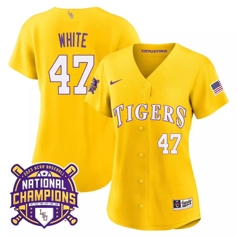 Eli White 47 Lsu Tigers Jersey Yellow Baseball National Champions 2023 American Flag