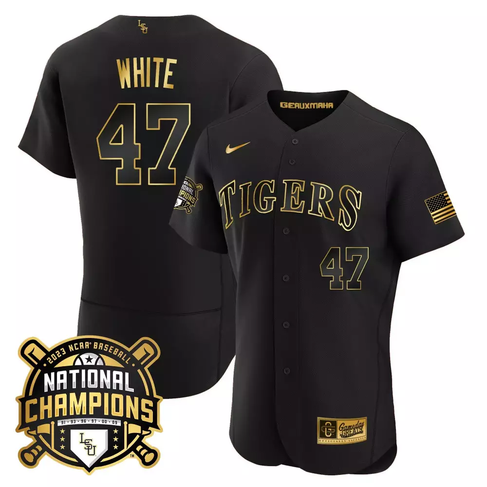 Eli White 47 Lsu Tigers Jersey Black National Champions 2023 Baseball Men Gold Flex