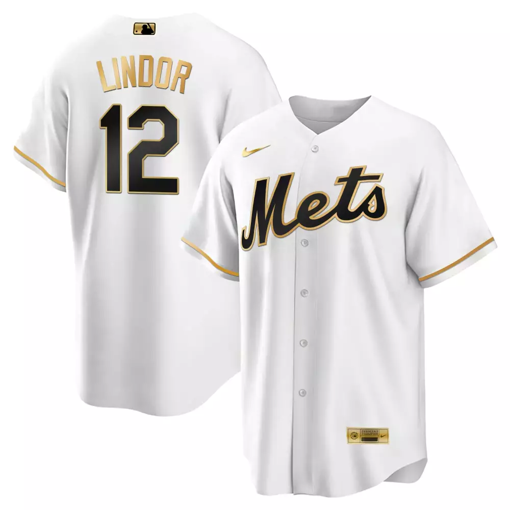 Francisco Lindor 12 Mets Jersey White Men Black Gold Cool Limited All Stitched