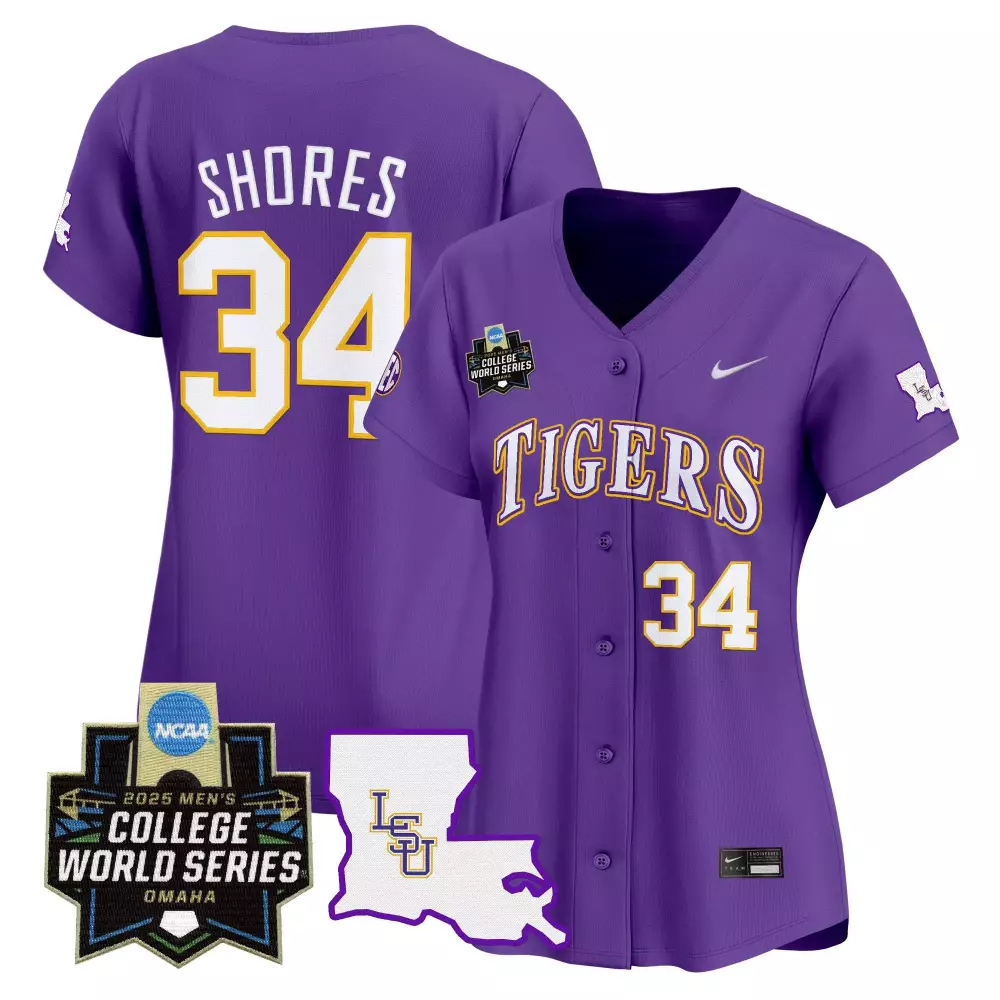 Shores College 34 Lsu Tigers Jersey Purple World Series 2025 Men Gold White Vapor