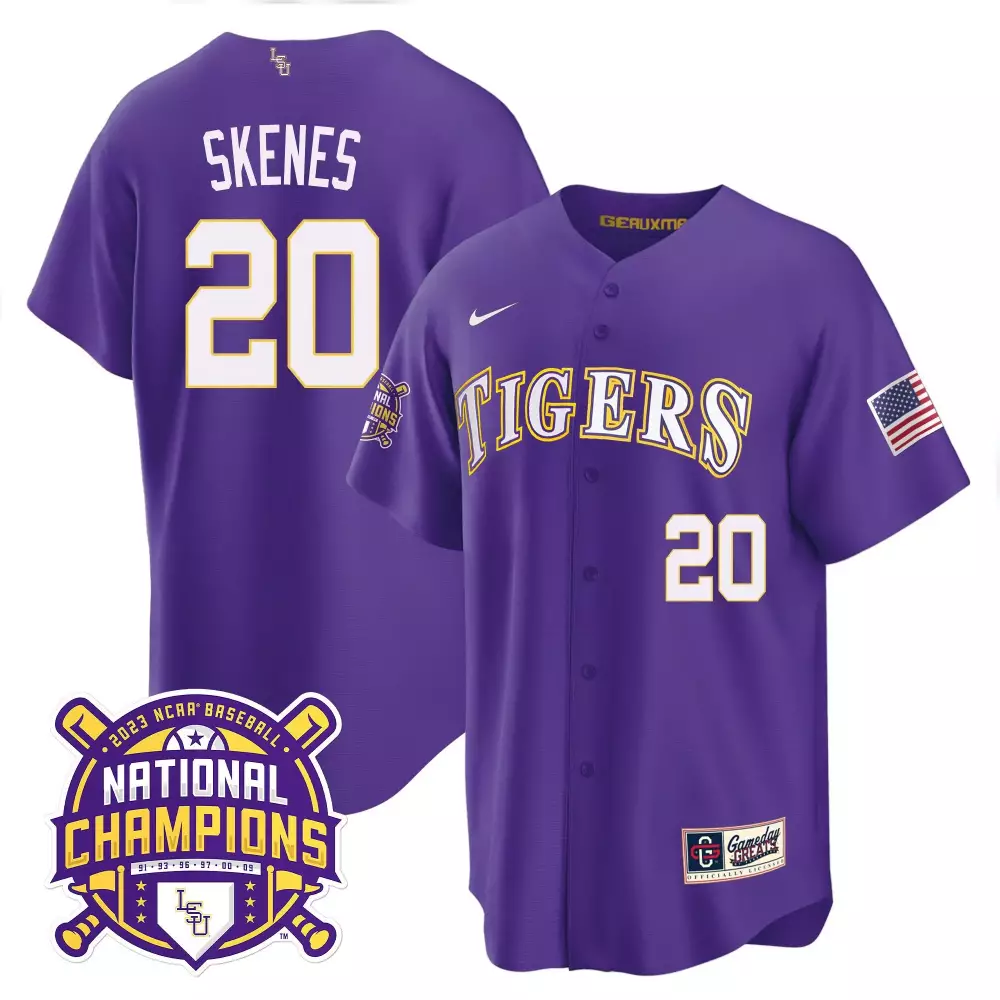 Paul Skenes 20 Lsu Tigers Jersey Purple 2023 Baseball National Champions Men Gold