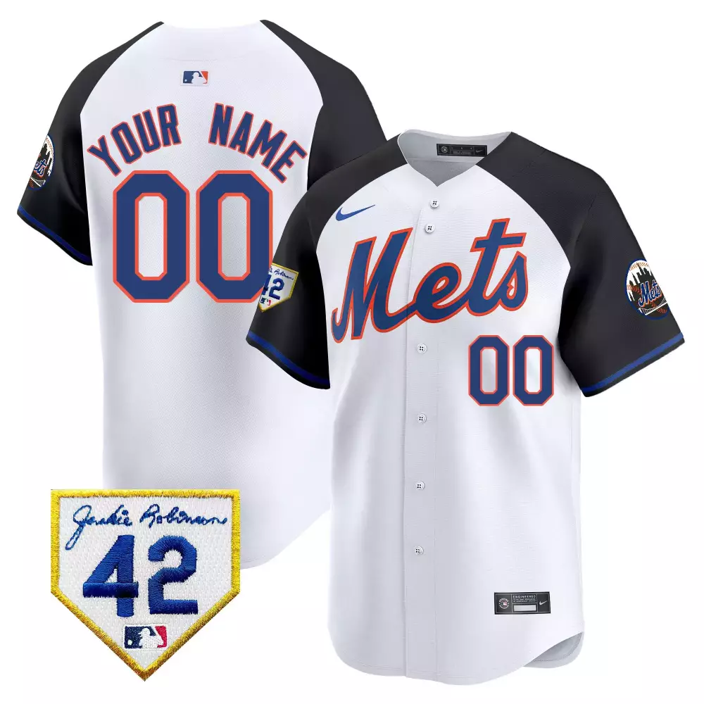 Custom Mets Jersey White Jackie Robinson 42 Men Split Design Black Orange Blue Alternate