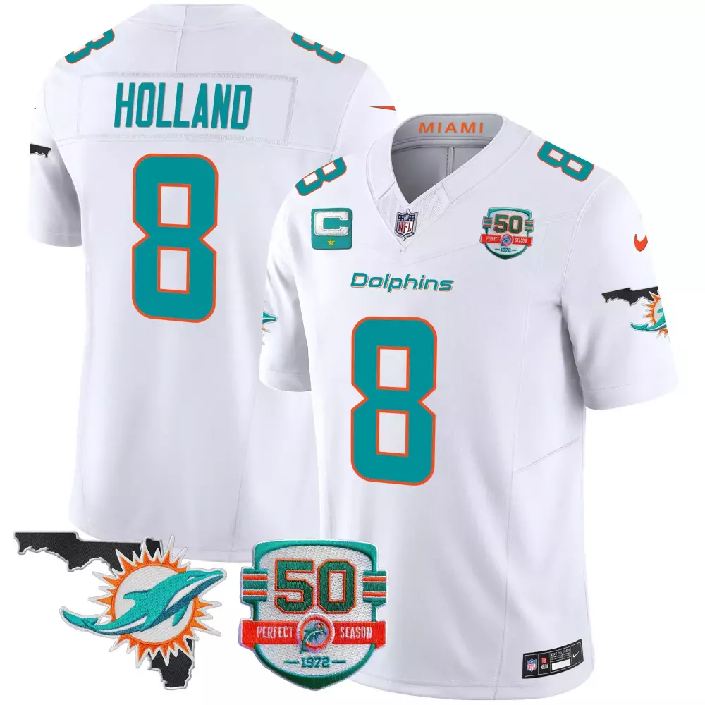 Jevon Holland 8 Miami Dolphins Jersey White 50th Perfect Season Florida Outline 2022