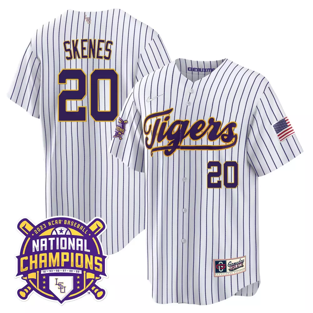Paul Skenes 20 Lsu Tigers Jersey White 2023 Baseball National Champions Men Purple