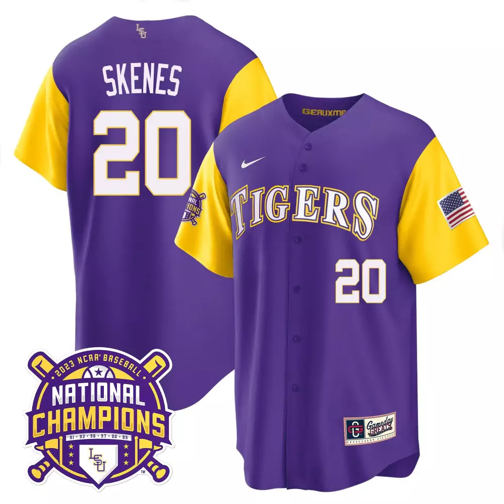 Paul Skenes 20 Lsu Tigers Jersey Purple 2023 Baseball National Champions American Flag