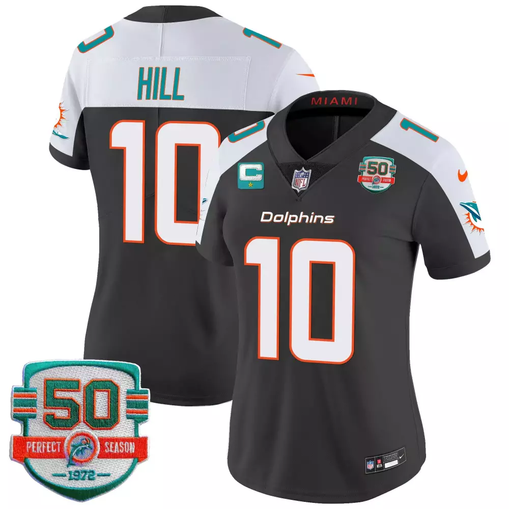 Tyreek Hill 10 Dolphins Jersey Dark Grey 50th Perfect Season 1972 Men White Aqua