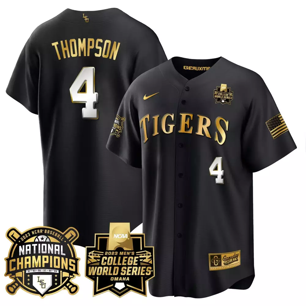 Thompson 4 Tigers Jersey Black 2023 College World Series National Champions American Flag