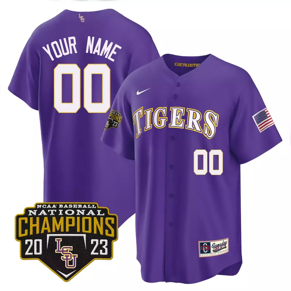 Custom Lsu Tigers Jersey Purple Ncaa Champions Baseball National 2023 Men Gold White