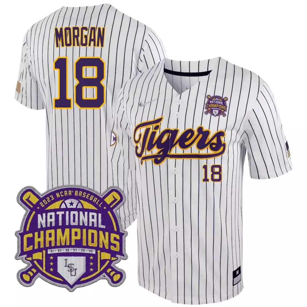 Tre Morgan 18 Lsu Tigers Jersey White 2023 National Champions Baseball Men Purple