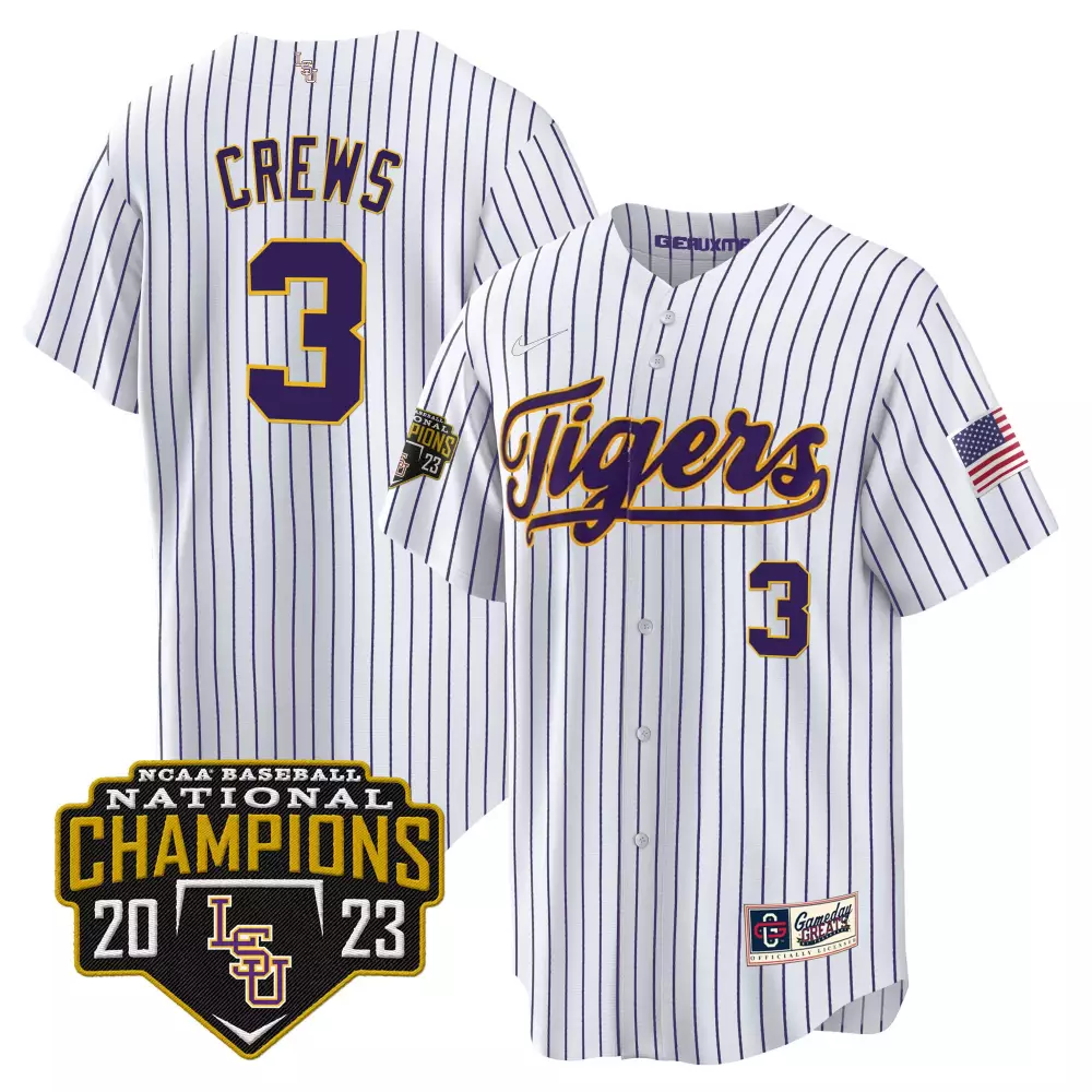 Dylan Crews 3 Lsu Tigers Jersey White Ncaa Baseball National Champions 2023 American Flag